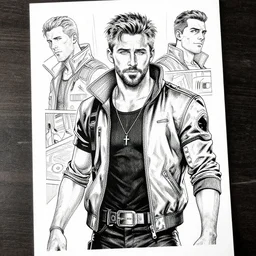 ryan gosling, cyberpunk 2 0 2 0 manual, by steampoweredmikej, by tim bradstreet, inktober, ink drawing, black and white, coloring pages, manga, highly detailed