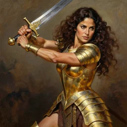A Ross Tran and Michael Whelan oil painting of a beautiful muscular Salma Hayek wearing gold armor holding a large steel sword , dynamic shot , HD 4k , intricate , highly detailed , atmospheric , sharp, uncropped