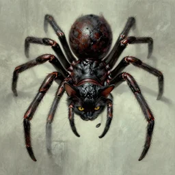 a picture of an horrific spider! with a cat! head, art by wayne barlowe and