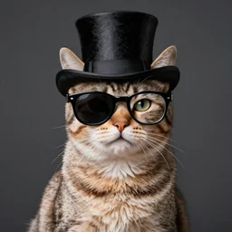 a cat wearing a top hat and a monocle, photoshoot, cinematic, hyper realistic, good lighting,