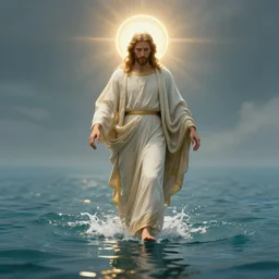 a holy saint walking on top of water without sinking in. a halo of light surrounds. photorealism. pseudo realistic. detailed. 4 k masterpiece. cgsociety. by tianhua xu. by gaston bussiere.