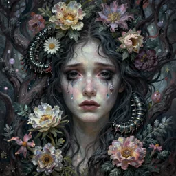 a beautiful terrifying but sad female portrait black eyes twisted trees, centipede, crying tears, bloom made of flowers. ethereal horror fantasy art by greg rutkowski and raymond swanland and monet