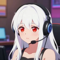 high quality portrait of a cute red eyed girl with long white hair wearing a headset in her room interior. art by yoh yoshinari makoto shinkai ilya kuvshinov, crunchyroll, pixiv, danbooru, hd, headshot, cinematic still, anime face!!!, bokeh, digital art, cel shading, vivid colors, ambient lighting