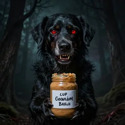 lovecraftian eldrich horror dog holding a jar of cursed peanut butter, horror, creepy, creepy teeth, nightmare, red eyes, dramatic scary lighting, unsettling, cursed image