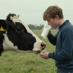 homelander from the boys drinks milk from a cow, dslr shot
