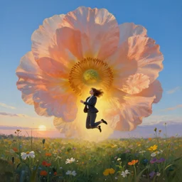 closeup, giant flower head, girl in a suit jumping in a field of flowers, surreal photography, sunrise, blue sky, dramatic light, impressionist painting, digital painting, artstation, simon stalenhag