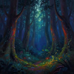 beautiful matte painting of a colorful fantasy dark forest at night