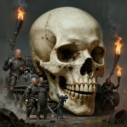 airbrush of ww 3 skull with vehicle undercarraige, hydrocracking battles, medical, dystopian, by wayne d barlowe, h r giger, simon bisley & boris vallejo, enric torres, hyper realism, narrative light, muted colors, epic, hyper detailed, awe inspiring, award winning horror, torch lighting, hyper realism, cinematical