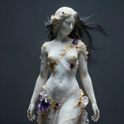 abstract female sculpture made of white marble and amethyst crystals quartz, ethereal lights, fine details, artstation. com, film still, cinematic, super model photo shooting, luxury, strong wind blowing, dark mood, sad, cold colors, golden filigree, octane render, lens flare