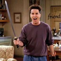 chandler bing in his apartment holding a samurai sword and screaming,'friends'9 0 s tv show screenshot