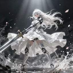zero from drakengard, white hair, white dress, mechanical arm, big sword, dynamic pose, artstation, top lighting, petals flying around, majestic, cool, splash art