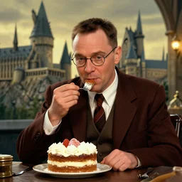 Forrest gump eating a cake in hogwarts, digital art, highly detailed, in the style of Irina French