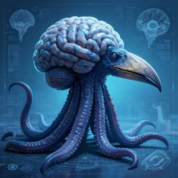 tentacle brain monster with beak, in the style of Greg Broadmore and Arthur Rackham,trending on artstation, light lighting side view,digital art,surrealism ,macro,blueprint ,vaporwave ,
