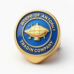 gold signet pin of an intergalactic trading company, trading company, blue, style of rossdraws