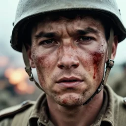 a rare 1 9 4 4 close - up photograph of a soldier's face on the battlefield, ww 2, graphic, explosions, bloody,, dirty, grainy