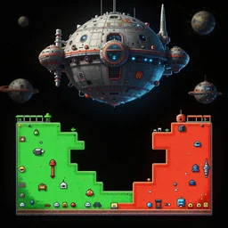 alien planet with round spaceship and mechanic buildings gameplay still frame, 4 colors, pixel art, retro, splash screen, level design, high contrast, background, deep focus, highly detailed, dramatic lighting, digital painting, artstation, concept art, matte, greg rutkowski, moebius, illustration.