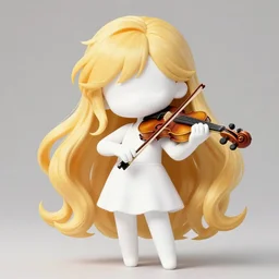 anime style, chibi, full body, a cute girl with white skin and golden long wavy hair holding a violin and playing a song, heavenly, stunning, realistic light and shadow effects, modern art, realism, centered, landscape shot, happy, simple background, studio ghibly makoto shinkai yuji yamaguchi