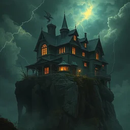 in the style of charlie bowater, dean cornwell, hubert robert : : stunning, spooky haunted house on a cliff : : lighting, clouds, storm : : night time, cinematic lighting : :