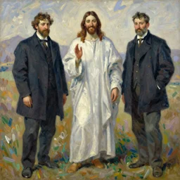 impressionist brushstrokes!!!!!!!!! solomon joseph solomon and richard schmid and jeremy lipking victorian loose genre loose painting full length portrait painting of jesus with a slight smile happy inviting