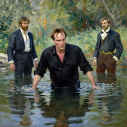 quentin tarantino wading through a river, reflective water, painting by tom of finland, gaston bussiere, craig mullins, j. c. leyendecker, claude monet