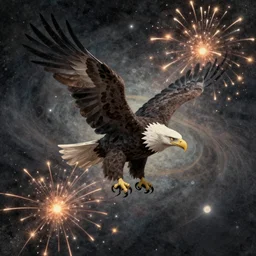 a shapeless american bald eagle made of space and time, weaving firework of predetermination and a state of utter confusion across the universe, muted colors, fantasy illustration, digital art