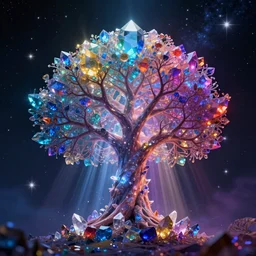 crystal tree of life, stars in the night sky, beautiful, vibrant color scheme, multicolored, visual contrast, light rays, ethereal beams, godly, awe inspiring, cosmic, astronomical, transcendent, fantasy, magical, volumetric lighting, epic composition, dramatic lighting, golden ratio, cinematic composition, 8 k, octane render, artstation