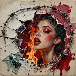 glamorous and emotional fire mindblowing, detailed mixed media collage with canvas texture in style of contemporary art, punk art, realism, realistic photo, expressionism, masterpiece, spectacular quality, intricate oil details, barbed wire, thorns, broken glass photo, torn paper intricate texture, large cracks, liquid glue spots, red vivid palette