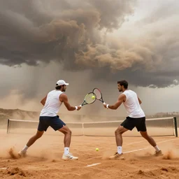 an epic tennis match battle during a sandstorm, cinematic, ultra detailed, intricate, professional photography