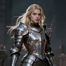 portrait of a blonde - haired woman in heavy armor, aura of magic around her, gloomy atmosphere, trending on artstation, hyper detailed