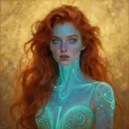 Bioluminescent, portrait of redhead woman, very intricate , very elegant, in the golden hour by Daniel Merriam, Trending on Artstation, oil on Canvas by Elena Zhurikhina and Goro Fujita and Charlie Bowater, octane render, 4k, 8k, HD