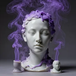 artwork by pierre huyghe with wax, porcelain, purple smoke, ultra realistic, depth, beautiful lighting, sigma, 8 k, 3 5 mm, f / 3 2