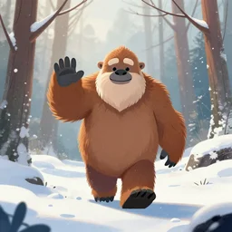 illustrated scene of a friendly yeti waving at the camera as it walks through the woods, snowy scene in morning light