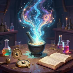 mysterious energy flowing, table, wizards laboratory, greg rutkowski, mortar, pestle, magic powder, compass, energy flowing, magic book, beakers of colored liquid, tony sart