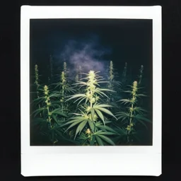 tall cannabis field in smoke at night, polaroid