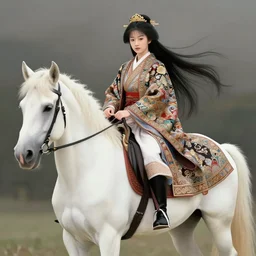 gorgeous japanese princess riding white horse, long hair, intricately decorated clothing, full body length, shallow depth of field, matte painting by karole bak, by hasui kawase