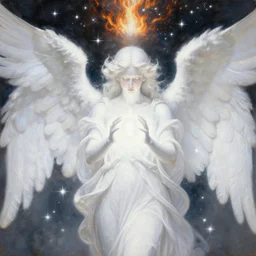 highdetailed hyperrealistic of white angel!!! giant ball of miracle light from the chest!!!!!, white sparkles everywhere, lot of fire and stars overhead!!!, by jan van eyck, holography space, glow effect, large strokes, clean lines, white monocolor, oil painting