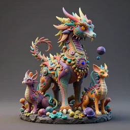 a sculpture of colorful fantastic and mythical creatures by hannah yata, elegant, psychedelia, artstation, concept art, ambient occlusion, vray render,
