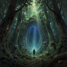 intergalactic stargate portal in the middle of a dense forest, with light shining through the trees and strange creatures lurking in the shadows by zhang kechun and mike mignola, style of stonepunk