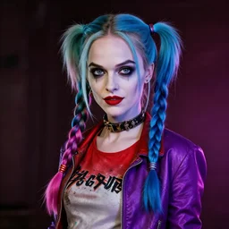 an insanely detailed portrait of natalie portman as harley quinn, two blue braids, blue hairstyle, wearing purple jacket, artgerm, dramatic lighting and composition, octane render, trending on artstation, concept art