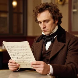 professional fine detailed photo portrait of an actor playing franz schubert sitting at the cafe and reading musical sheet, franz schubert look alike, rich colors, professional iphone photo, 4 k photo, instagram, realistic photo, detailed photo, very beautiful photo