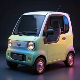 small modern utility car with single sit, with classic vintage japanese design, award winning photo, 4 k, very detailed, photolab, lighting, dark background, neon colors