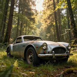 abandoned old sport car closeup in the forest, macro, grass, detailed, huge scene, warm lighting, concept art, beautiful, art greg rutkowski, low angle, high detail, godrays, cinematic view, volumetric, epic sky, vivid, trending on artstation, by jordan grimmer