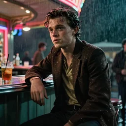 tom holland at a 1 9 5 0's bar during a rainy night, cinematic lighting, photorealistic