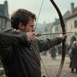 dramatic cinematic artwork close up of a man with short brown hair in a medieval town aiming a longbow by Greg Rutkowski, 4k, masterpiece