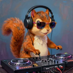 an anthropomorphic squirrel dj wearing headphones and colored sunglasses, stadning at a dj table playing techno music, concept art, digital art, oil painting, by wlop