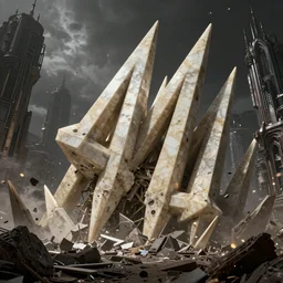 giant thick 100 Meter tall ivory Spikes erupt angular out of the ground in a gothic medieval cyberpunk city, debris flying around, the feeling of grimdark terror and dispair, high quality, detailed, 8k, unreal engine, octane render, trending on artstation
