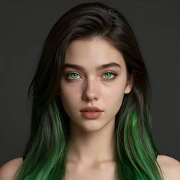 portrait of missy, a young woman with long dark hair, green eyes and green hair, ultra detailed, photo realistic, trending on artstation, octane render