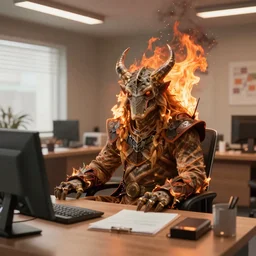 balrog from lord of the rings sitting inside an office while it is burning