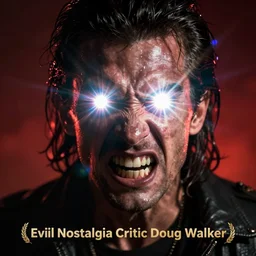 Evil Nostalgia Critic Doug Walker furious mad with glowing eyes, lens flare, bloom