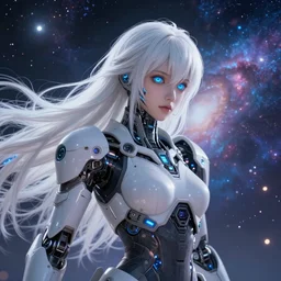 photo of a android girl on a mothership, warframe armor, beautiful face, scifi, nebula, futuristic background, galaxy raytracing, dreamy, focused, sparks of light, pure, long white hair, blue cyborg eyes, glowing, 8 k high definition, insanely detailed, intricate, innocent, art by akihiko yoshida, antilous chao, woo kim